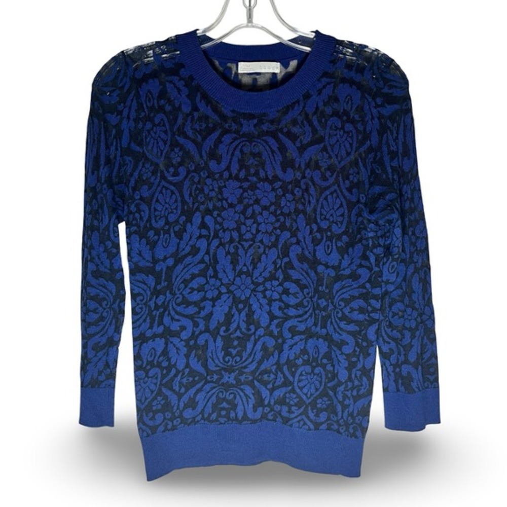 Hinge XS Blue Floral Damask Print‎ Sheer Long Sleeve Knit Top Sweater